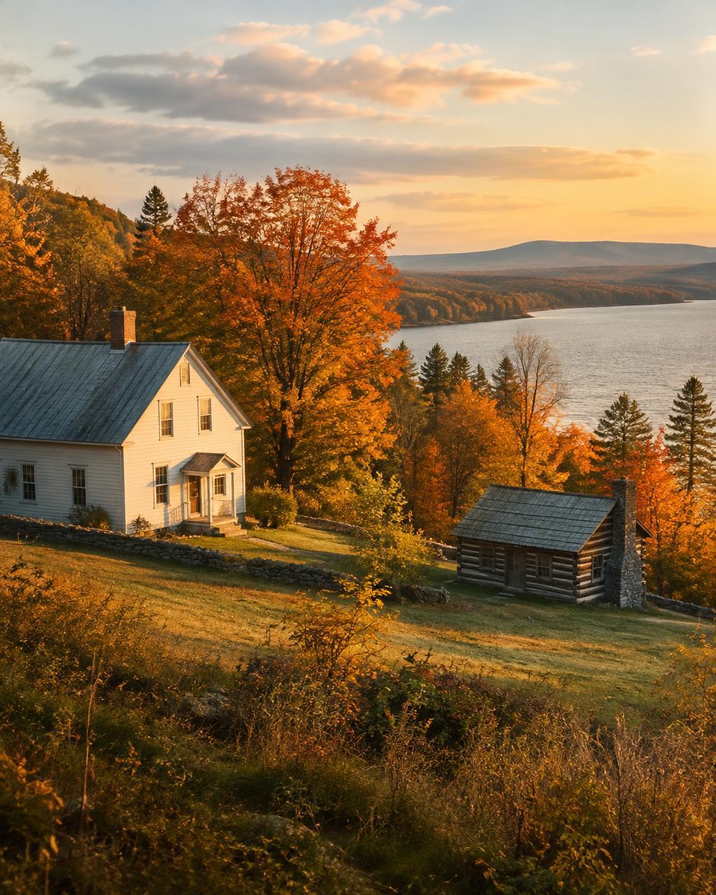 1820s farmhouse and log cabin on a Vermont hillside